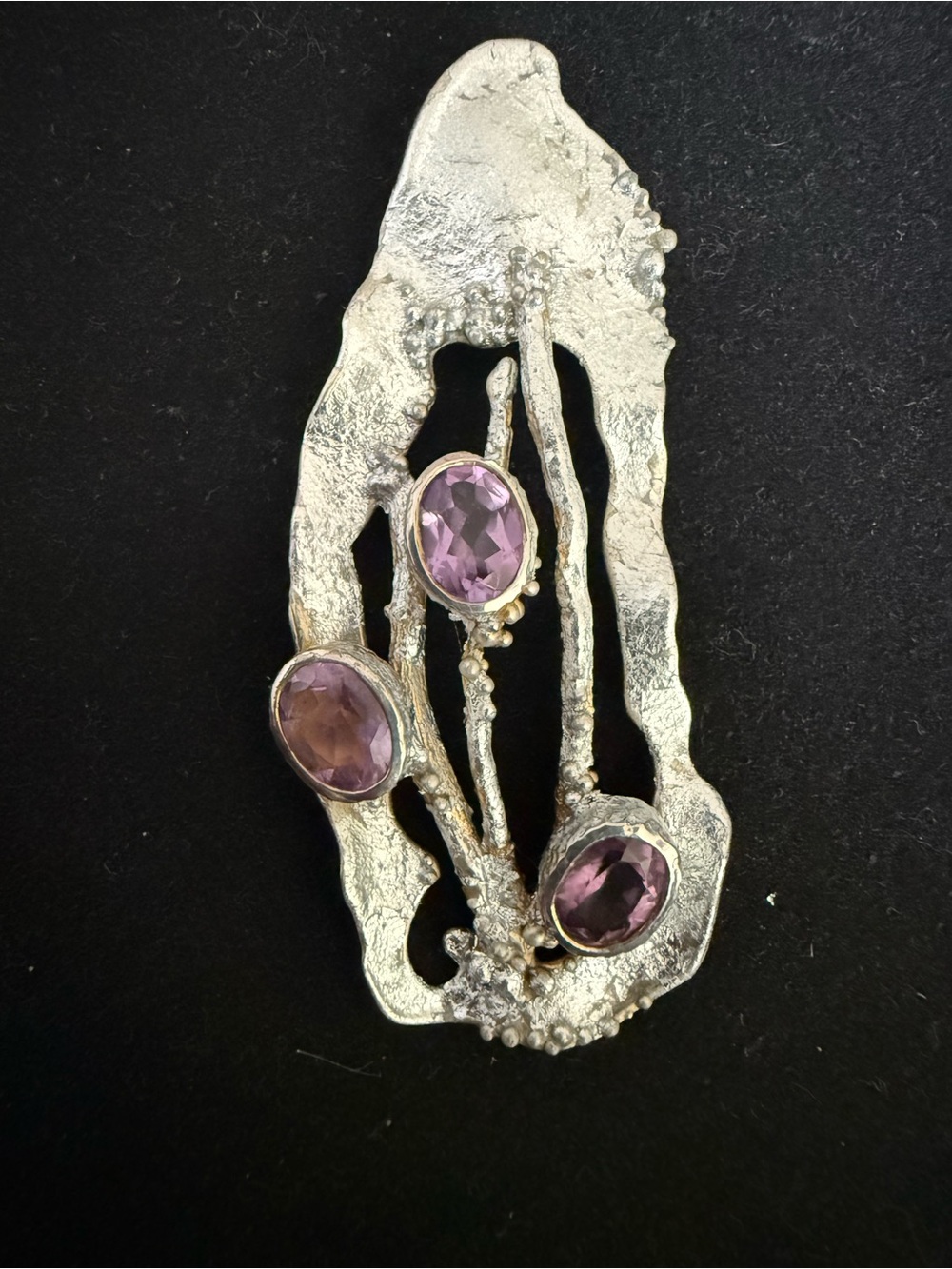 Sterling Silver Amethyst brutalist unique Pendant - vintage